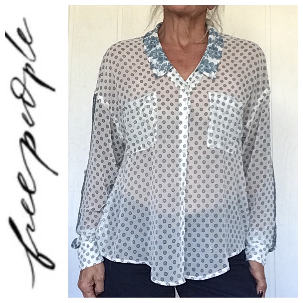 FREE PEOPLE SHEER OVERSIZED LONG SLEEVE BUTTON DOWN BLOUSE SIZE SMALL